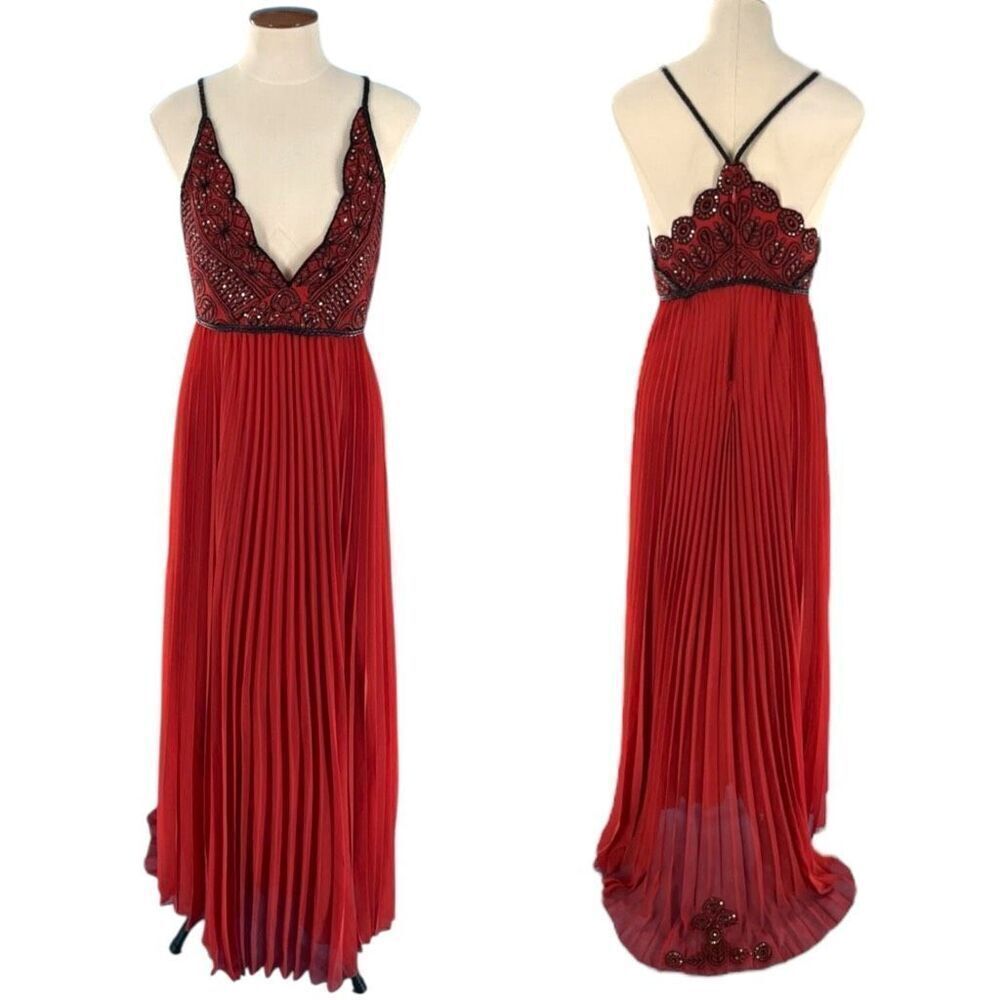 Free People‎ Bell Of The Ball OB439671 Red Empire Waist Pleated Gown Maxi Sz 2